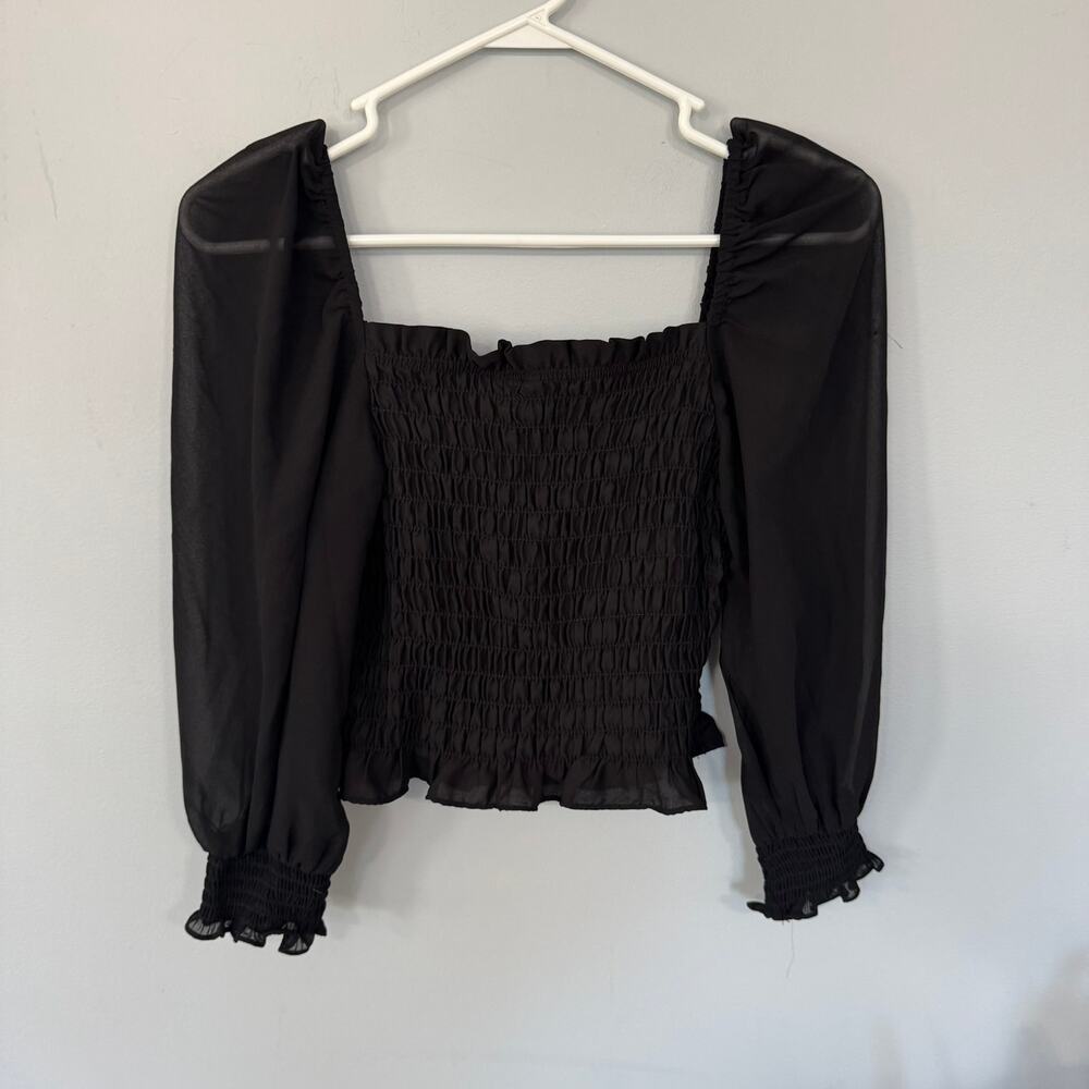 H&M Divided Solid Black Seersucker Crop Top Size XS Semi Sheer Puff Sleeve - Picture 7 of 7